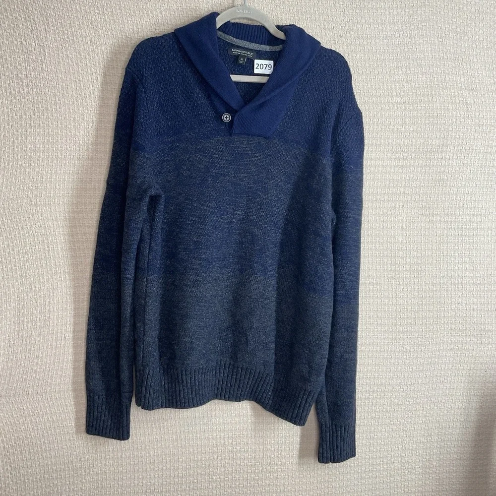 Banana Republic Sweater Men XL Navy Blue Merino Wool Blend Shawl Collar Menscorp